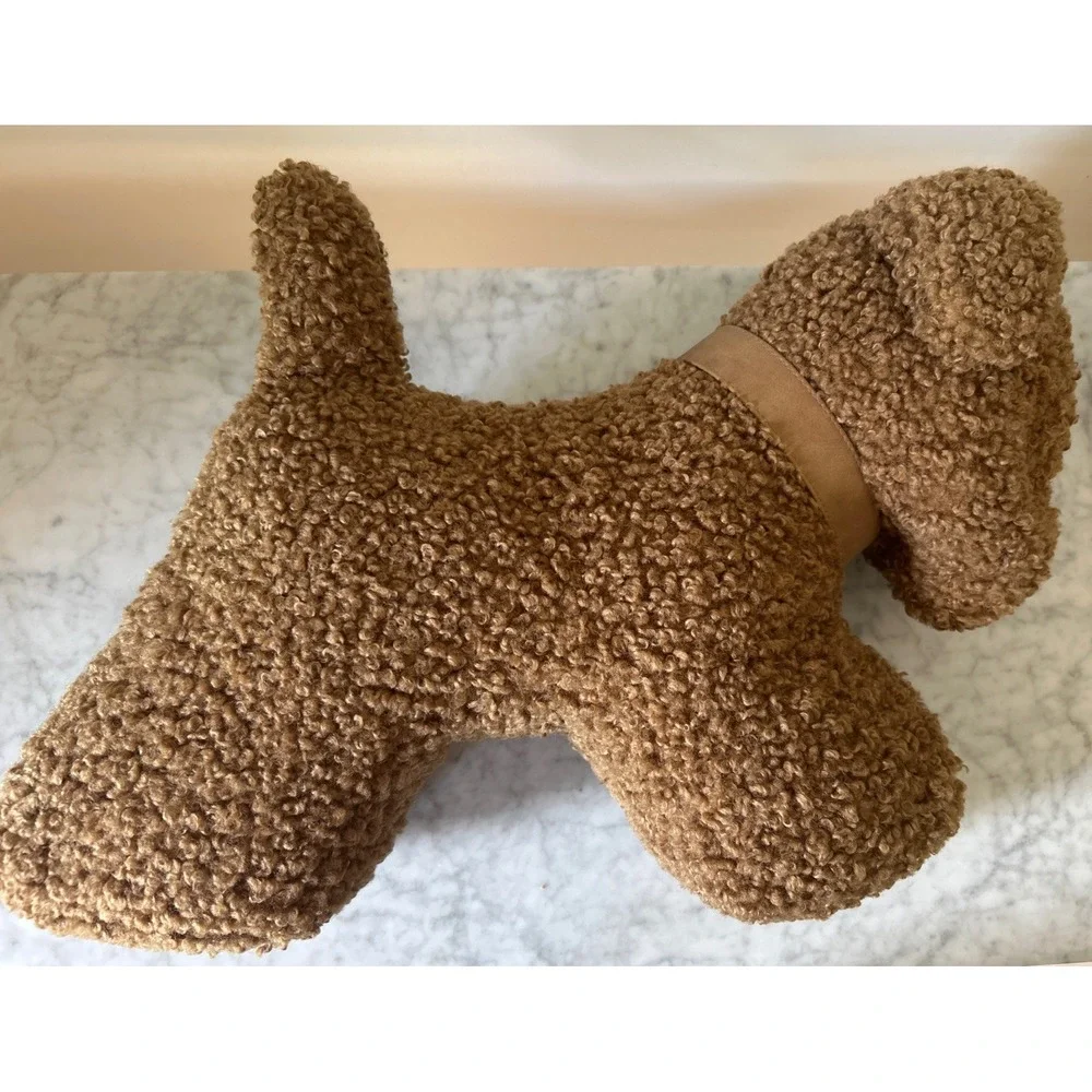POTTERY BARN BROWN DOODLE DOG PLUSH PILLOW CURLY PLUSH COLLAR BELL